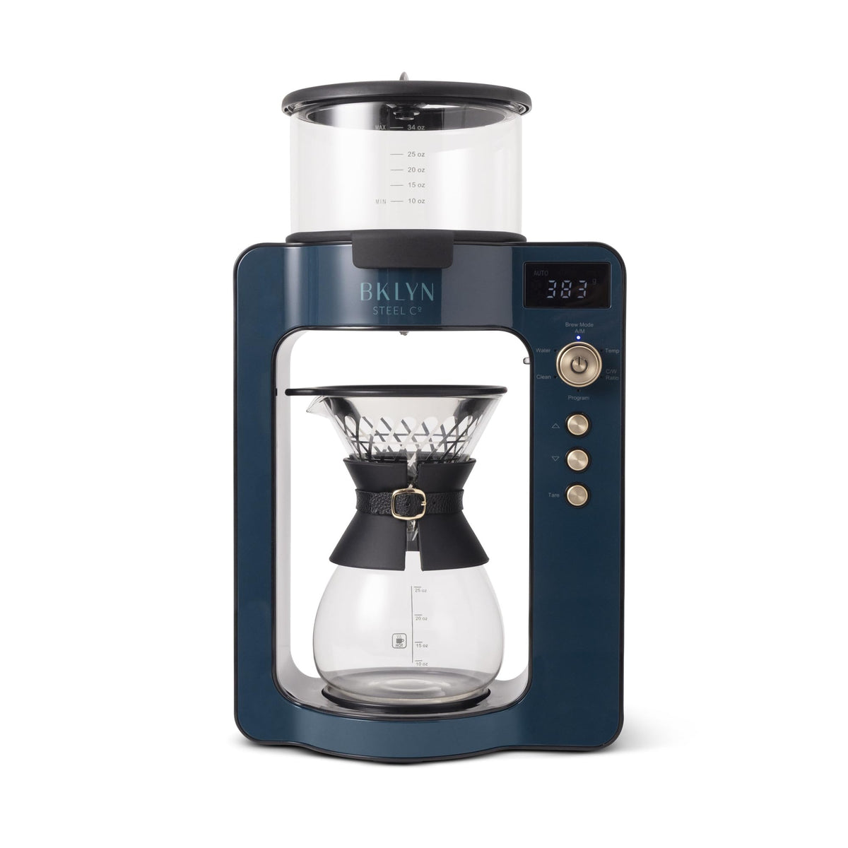 A BKLYN Coffee Makers pour-over coffee maker with a navy blue base, clear glass carafe, and black accessories, shown on a solid white background.