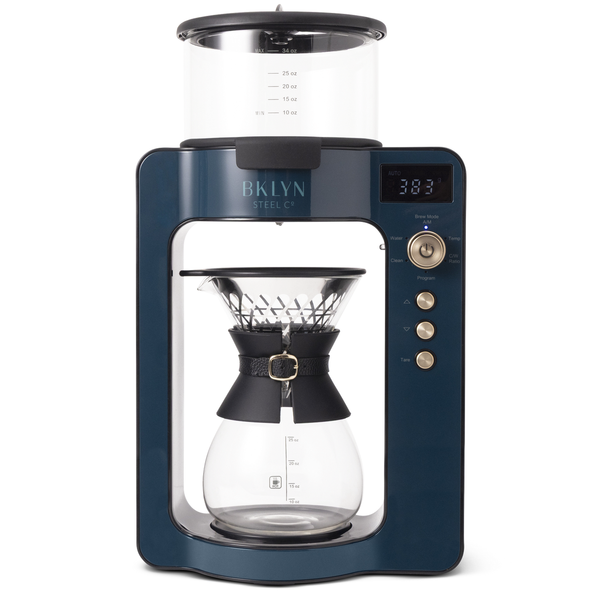 A BKLYN Coffee Makers pour-over coffee maker with a navy blue base, clear glass carafe, and black accessories, shown on a solid white background.