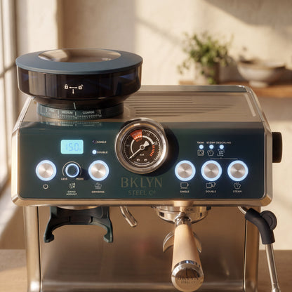 BKLYN Steel Co. espresso machine with digital display and control knobs in a kitchen setting.
